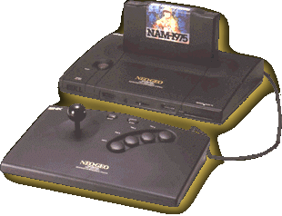 The NeoGeo Gold cartridge console, shown here with the original arcade joystick and NAM-1975 game.